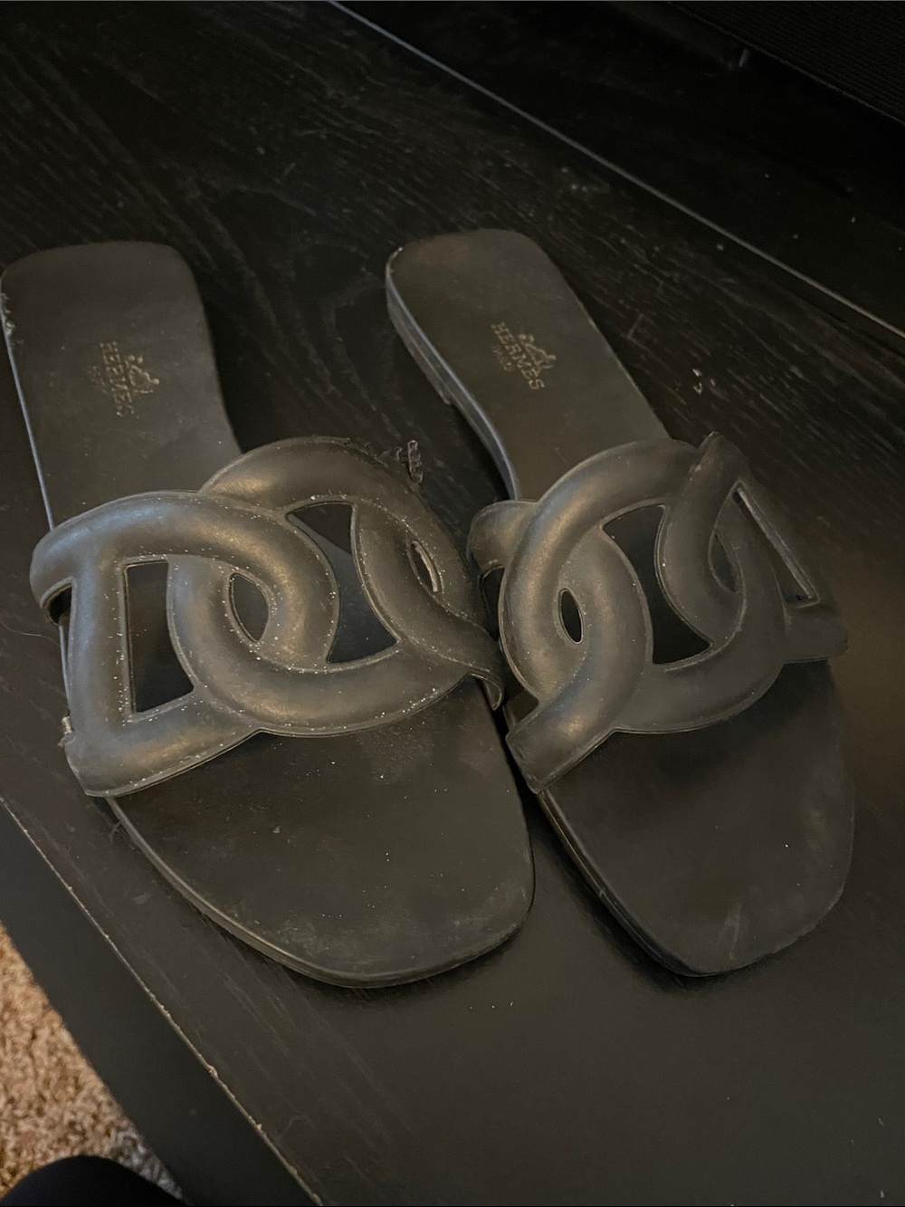 Hermes Black Signature Interlocked Logo Slide Sandals